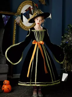 Halloween Polyester Fiber Tea Party 3/4 Length Sleeves Polyester Jumpsuit ROCOCO Style Black Kids' Lolita Dresses