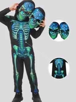 Halloween Skeleton Costume For Kids Twin-Head Mask And Jumpsuit Stage Performance Outfit