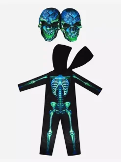Halloween Skeleton Costume For Kids Twin-Head Mask And Jumpsuit Stage Performance Outfit
