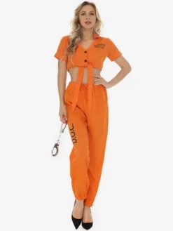 Halloween Striped Policewoman Prisoner Uniform Costumes 3-Piece Top Short Sleeves Sets