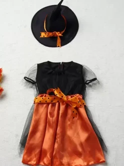 Halloween Witch Costume Kids Halloween Orange Tulle Dresses And Hat For Little Girls