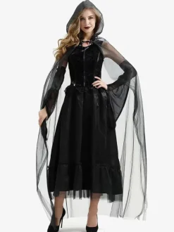 Halloween Witch Costumes For Women Black Long Tulle Dress Cloak Polyester Holidays Costumes Full Set