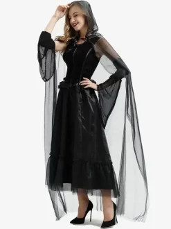 Halloween Witch Costumes For Women Black Long Tulle Dress Cloak Polyester Holidays Costumes Full Set