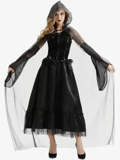Halloween Witch Costumes For Women Black Long Tulle Dress Cloak Polyester Holidays Costumes Full Set