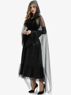 Halloween Witch Costumes For Women Black Long Tulle Dress Cloak Polyester Holidays Costumes Full Set