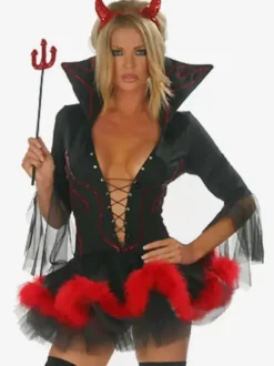 Halloween Women Devil Red Polyester Scary Short Dress Full Set Costumes