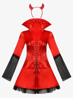 Halloween Women Devil Red Polyester Scary Short Dress Full Set Costumes