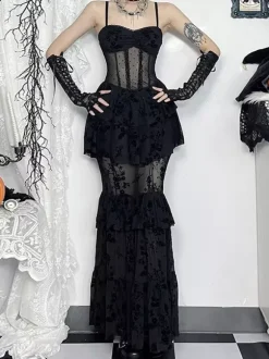 Halloween Women's Gothic Dress Black Lace Mesh Gothic Polyester Tunic Long Dress