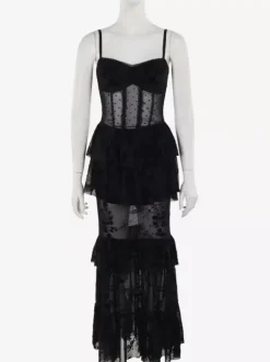 Halloween Women's Gothic Dress Black Lace Mesh Gothic Polyester Tunic Long Dress
