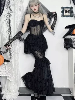 Halloween Women's Gothic Dress Black Lace Mesh Gothic Polyester Tunic Long Dress