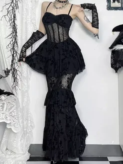 Halloween Women's Gothic Dress Black Lace Mesh Gothic Polyester Tunic Long Dress