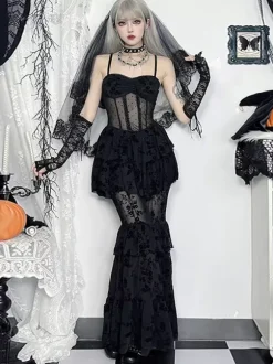 Halloween Women's Gothic Dress Black Lace Mesh Gothic Polyester Tunic Long Dress