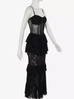 Halloween Women's Gothic Dress Black Lace Mesh Gothic Polyester Tunic Long Dress