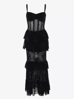 Halloween Women's Gothic Dress Black Lace Mesh Gothic Polyester Tunic Long Dress