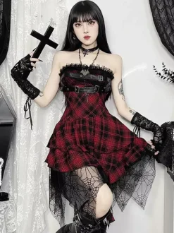 Halloween Women's Gothic Dress Burgundy Grommets Lace Ruffles Punk Polyester Tunic Dress