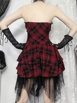 Halloween Women's Gothic Dress Burgundy Grommets Lace Ruffles Punk Polyester Tunic Dress