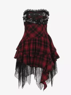 Halloween Women's Gothic Dress Burgundy Grommets Lace Ruffles Punk Polyester Tunic Dress