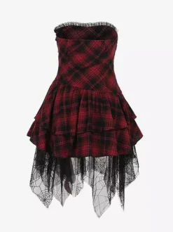 Halloween Women's Gothic Dress Burgundy Grommets Lace Ruffles Punk Polyester Tunic Dress