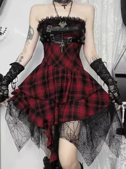 Halloween Women's Gothic Dress Burgundy Grommets Lace Ruffles Punk Polyester Tunic Dress