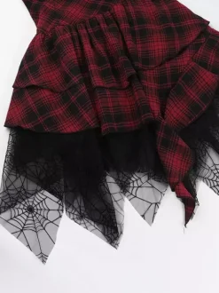 Halloween Women's Gothic Dress Burgundy Grommets Lace Ruffles Punk Polyester Tunic Dress