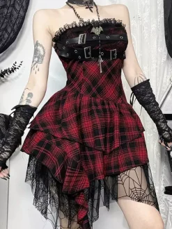 Halloween Women's Gothic Dress Burgundy Grommets Lace Ruffles Punk Polyester Tunic Dress