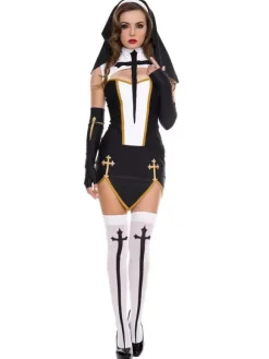 Halloween Black Carnival Costumes Nun Cross Cut Out 4 Piece Holidays Costumes