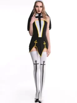 Halloween Black Carnival Costumes Nun Cross Cut Out 4 Piece Holidays Costumes