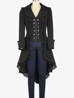 Halloween Black Gothic Costume Double Breasted Lace Zipper Ruffle Gothic Retro Overcoat For Women Carnival