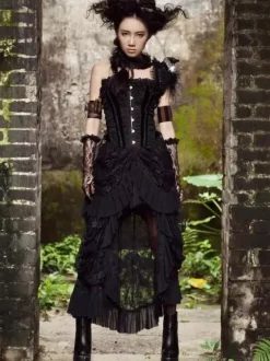 Halloween Black Victorian Steampunk Burlesque Gothic Costume High Low Ruffles Lace Skirt Women Cotton Retro Dress Halloween