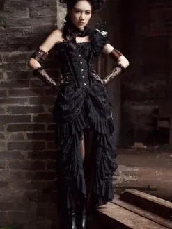 Halloween Black Victorian Steampunk Burlesque Gothic Costume High Low Ruffles Lace Skirt Women Cotton Retro Dress Halloween