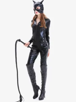 Halloween Black Women Sexy Mask Jumpsuit PU Leather Set Holidays Costumes