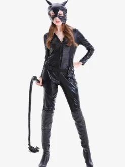 Halloween Black Women Sexy Mask Jumpsuit PU Leather Set Holidays Costumes