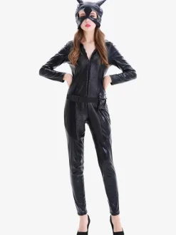 Halloween Black Women Sexy Mask Jumpsuit PU Leather Set Holidays Costumes