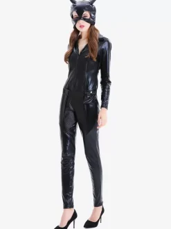 Halloween Black Women Sexy Mask Jumpsuit PU Leather Set Holidays Costumes
