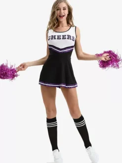 Halloween Cheerleaders Girl Costumes For Women Black Sexy Polyester Short Dress Holidays Costumes Full Set