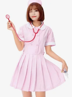 Halloween Costume For Adult Pink Nurse Polyester Holiday Costume Set