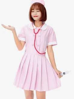 Halloween Costume For Adult Pink Nurse Polyester Holiday Costume Set