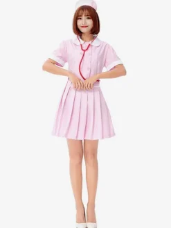 Halloween Costume For Adult Pink Nurse Polyester Holiday Costume Set