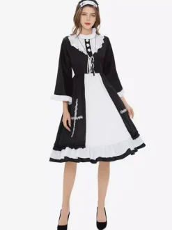 Halloween French Maid Costumes Black Ruffled Dress Necklace Set