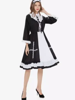 Halloween French Maid Costumes Black Ruffled Dress Necklace Set