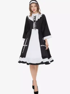 Halloween French Maid Costumes Black Ruffled Dress Necklace Set