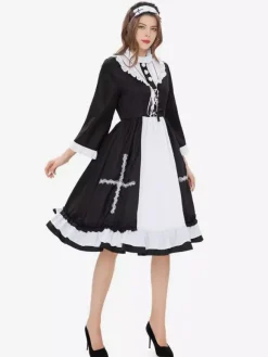 Halloween French Maid Costumes Black Ruffled Dress Necklace Set