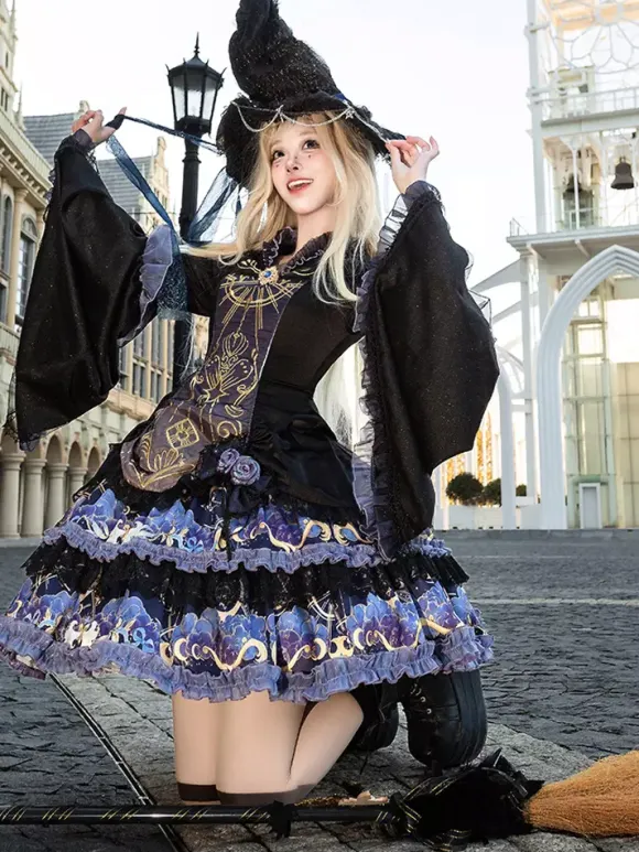 Halloween Gothic Lolita Dresses Applique Ruffles Floral Print Black Black