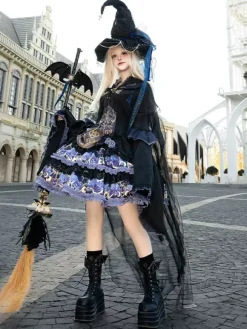 Halloween Gothic Lolita Dresses Applique Ruffles Floral Print Black Black