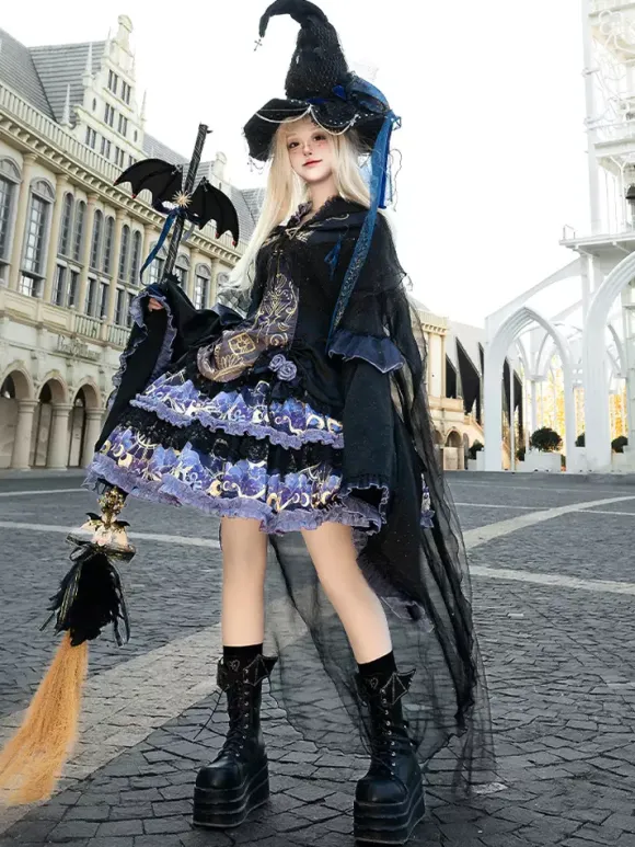 Halloween Gothic Lolita Dresses Applique Ruffles Floral Print Black Black