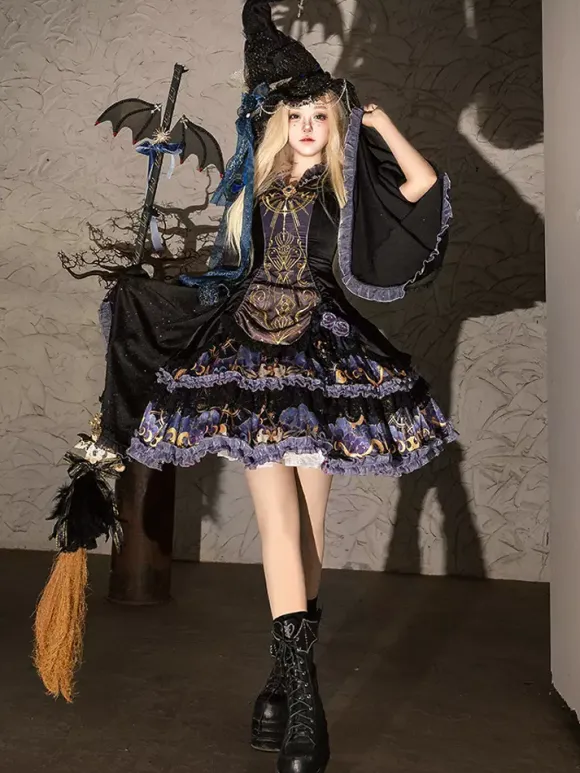 Halloween Gothic Lolita Dresses Applique Ruffles Floral Print Black Black