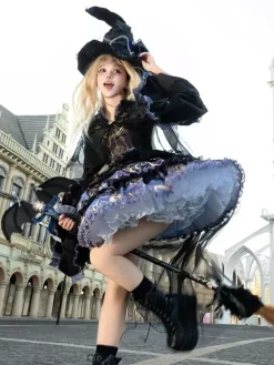 Halloween Gothic Lolita Dresses Applique Ruffles Floral Print Black Black