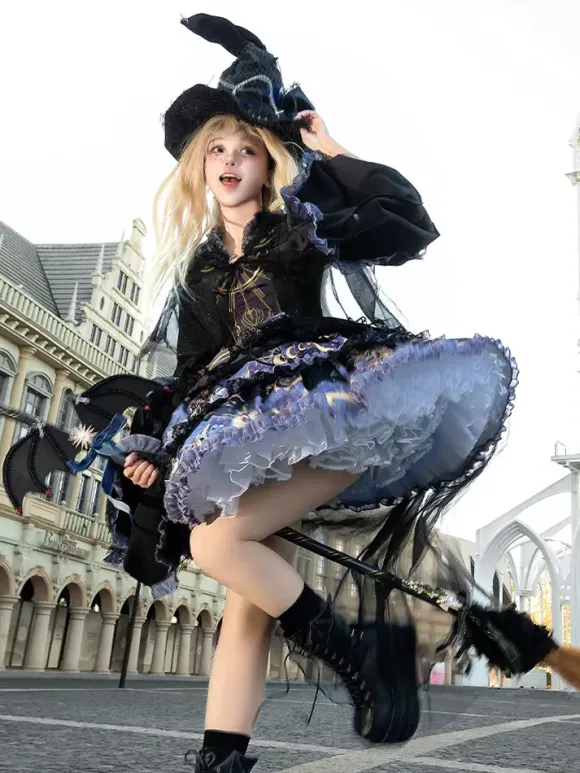 Halloween Gothic Lolita Dresses Applique Ruffles Floral Print Black Black