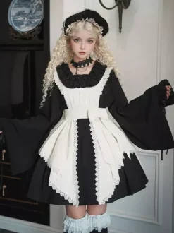 Halloween Gothic Lolita Dresses Lace Bows Color Block Black Dresses