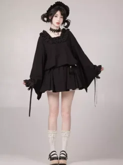 Halloween Gothic Lolita Dresses Lace Bows Color Block Black Dresses